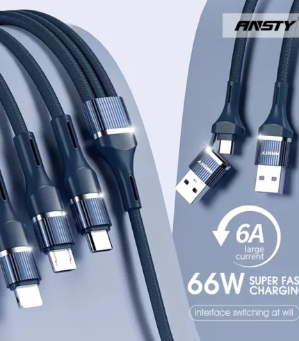 كابل ANSTY S-036، وصلة انستي 66 واط، كابل 3 في 2 قماش، سلك شاحن انستي معدن، ANSTY 66W Fast Cable، كابل شحن شامل، Al Sakka Store، كابل انستي ضمان السقا.