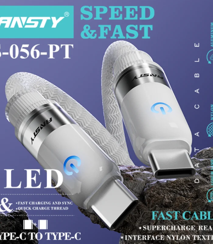 كابل انستي 100 واط، وصلة ANSTY S-056-PT، كابل تايب سي لتايب سي سريع، سلك شاحن 100W، ANSTY LED Fast Cable، كابل شحن لابتوب وسامسونج، Al Sakka Store، كابل انستي ضمان السقا.