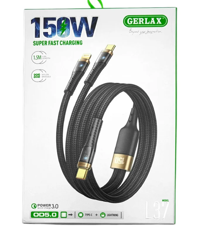 كابل جيرلاكس 150 واط، وصلة Gerlax L37، كابل 2 في 1 تايب سي وايفون، سلك شاحن قماش قوي، Gerlax 150W Cable، كابل شحن سريع 150 واط، Al Sakka Store، كابل جيرلاكس ضمان السقا.
