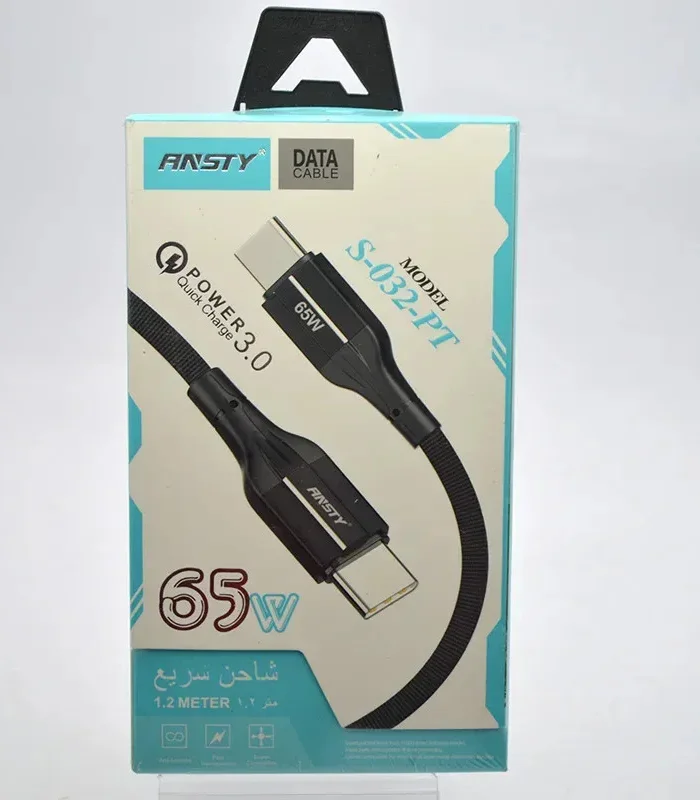 كابل انستي 65 واط، وصلة ANSTY S-032-PT، كابل تايب سي لتايب سي سريع، سلك شاحن 65W قماش، ANSTY Power 3.0 Cable، كابل شحن لابتوب وسامسونج، Al Sakka Store، كابل انستي ضمان السقا.