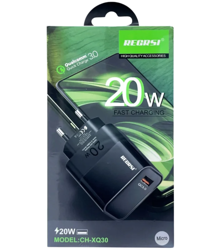 مجموعة شحن سريع REGRSI CH-XQ30 بقوة 20W منفذ QC3.0 مع كابل ميكرو - بضمان السقا
