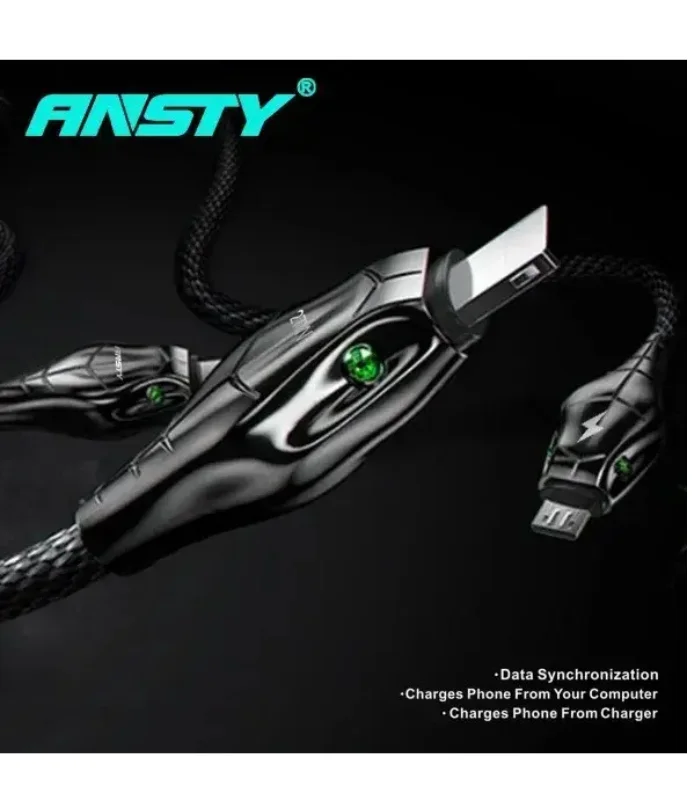 كابل انستي رأس الأفعى، ANSTY S-047-PI، سلك شاحن ايفون جيمينج، كابل ايفون مضفر انيق، وصلة ايفون بنور اخضر، Al Sakka Store، شاحن ايفون 27 واط سريع.