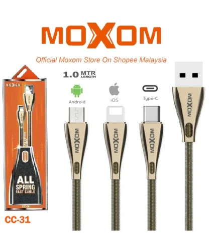 كابل موكسوم سوستة، سلك شاحن MOXOM CC-31، كابل معدن ضد القطع، وصلة تايب سي موكسوم، سلك ايفون معدن، وصلة ميكرو سوستة، MOXOM All Spring Cable، Al Sakka Store، كابل موكسوم ضمان السقا.