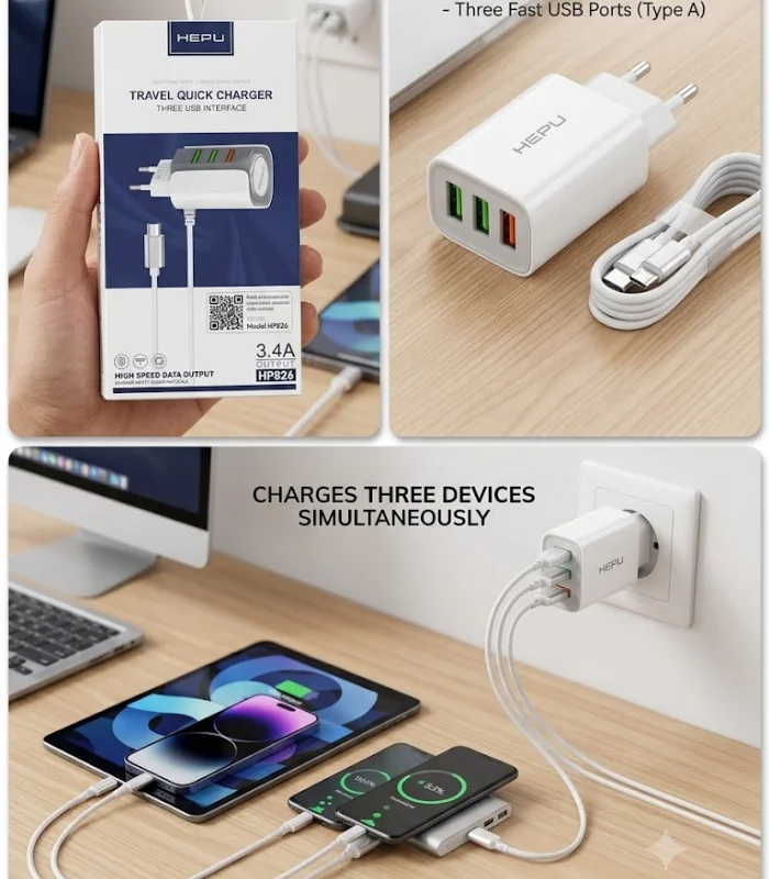 شاحن هيبو 3 منفذ، طقم شاحن HEPU HP826، شاحن سفر ثلاثي USB، راس ووصلة ميكرو هيبو، HEPU 3.4A Travel Charger، شاحن 3 يو اس بي ميكرو، Al Sakka Store، شاحن هيبو ضمان السقا.