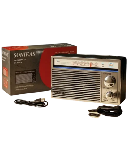 راديو محمول سونيكاس SK-1201AC/DC مع العلبة الكرتونية وحزام الحمل وكابل
